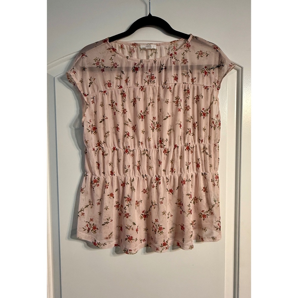 14th & Union Mesh Peplum Top Women Small Pink Floral Short Sleeve Cottagecore